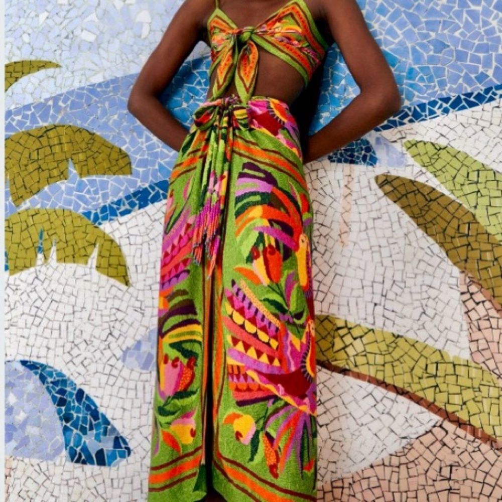 RARE FARM Rio Toucans Scarf Midi Skirt Adjustable Beaded Tie Tropical  Size XL